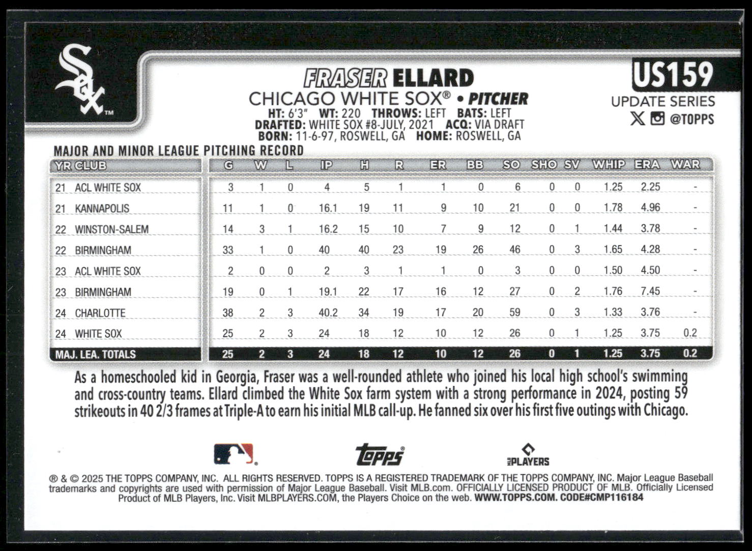 2025 Topps Update #US159 Fraser Ellard