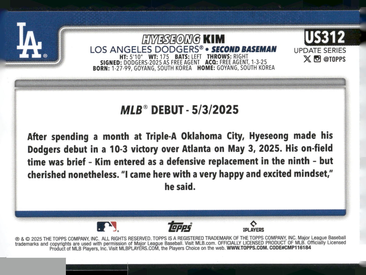 2025 Topps Update #US312 Hyeseong Kim
