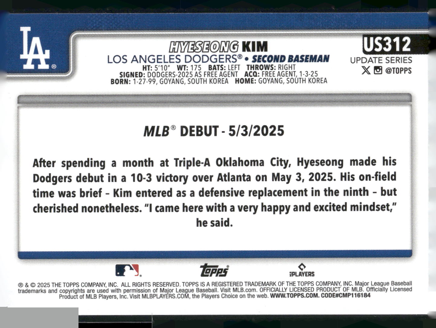 2025 Topps Update #US312 Hyeseong Kim