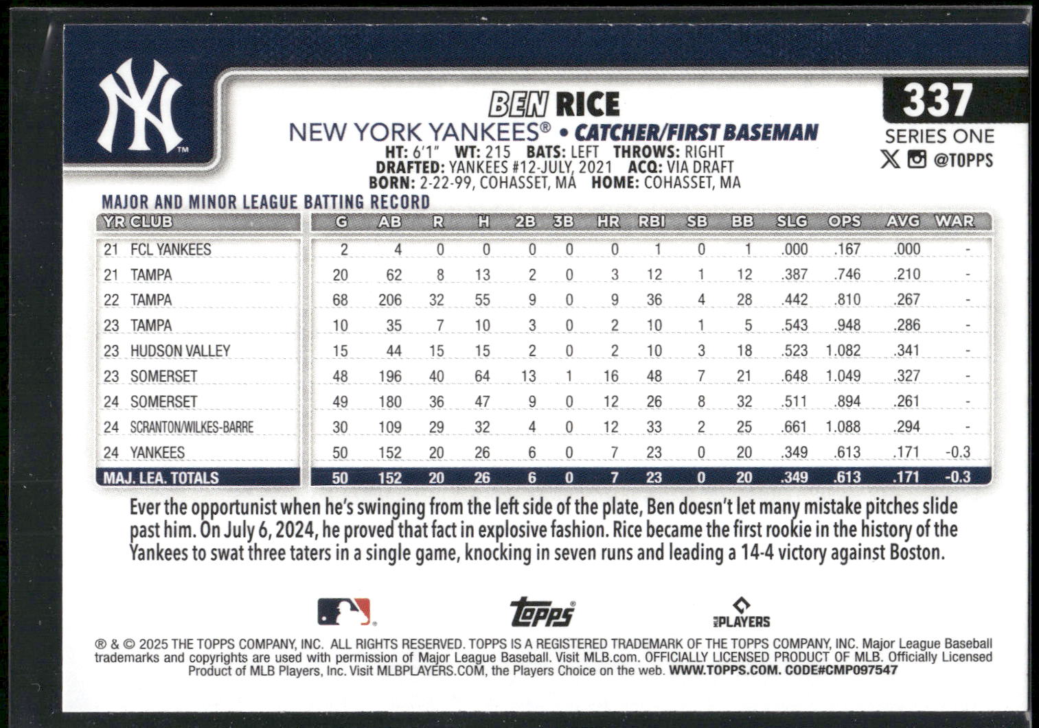 2025 Topps #337 Ben Rice
