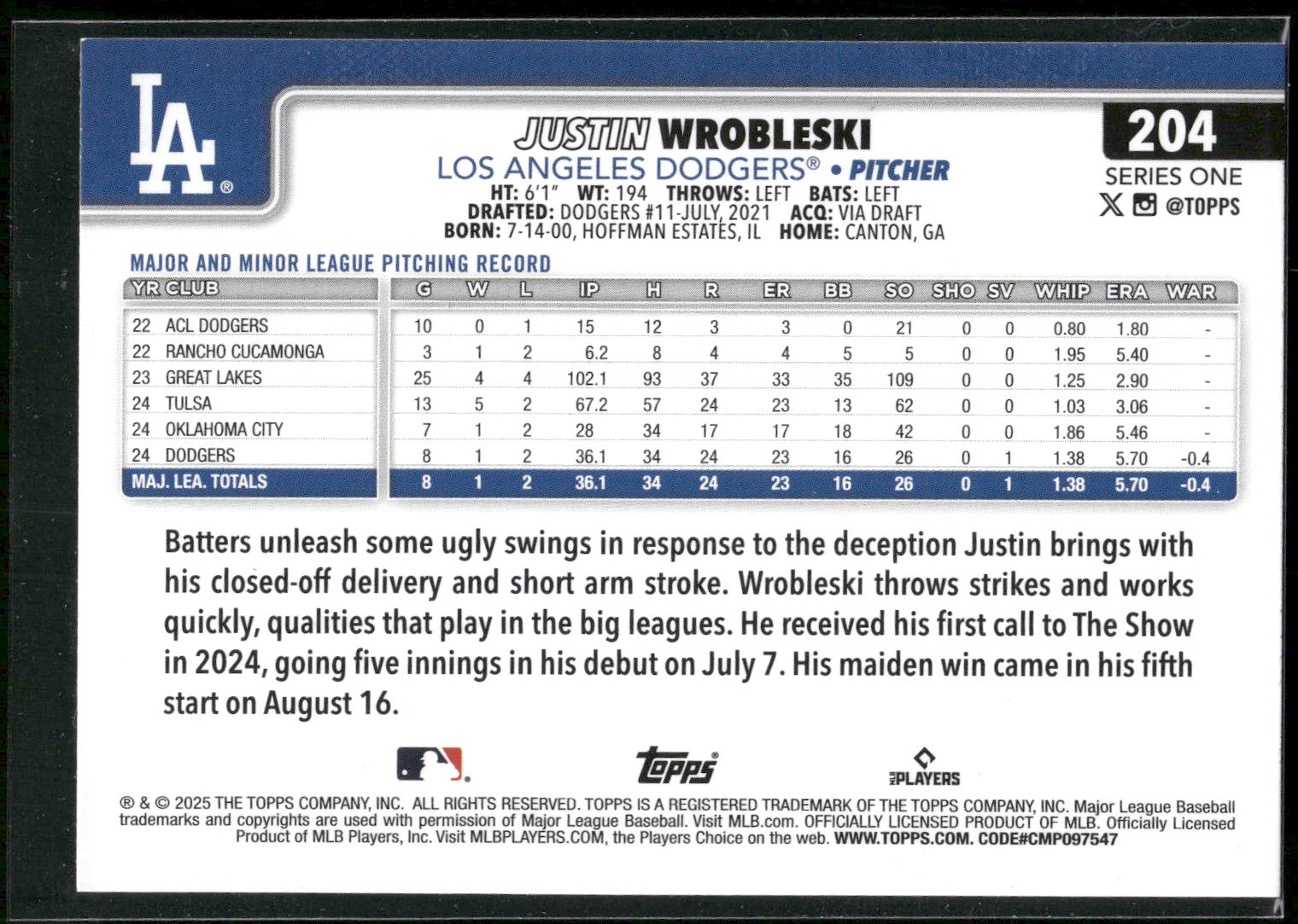 2025 Topps #204 Justin Wrobleski