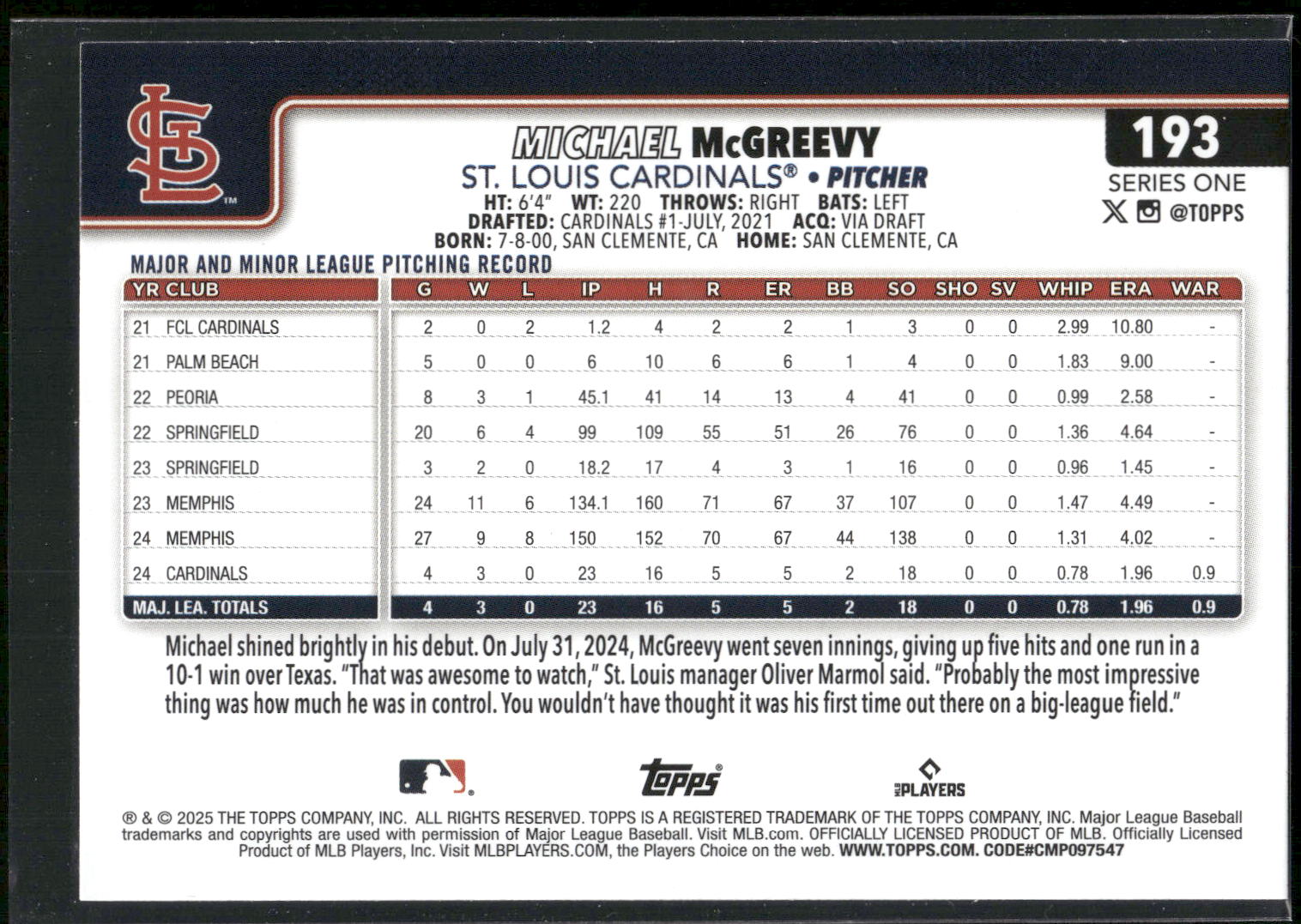2025 Topps #193 Michael McGreevy