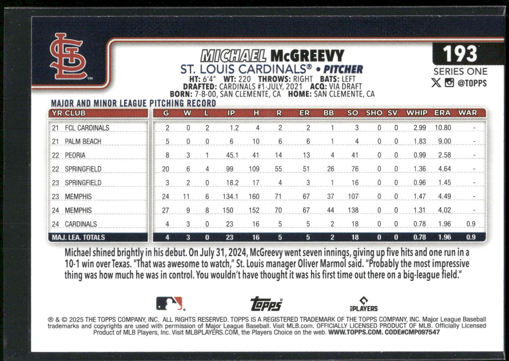 2025 Topps #193 Michael McGreevy
