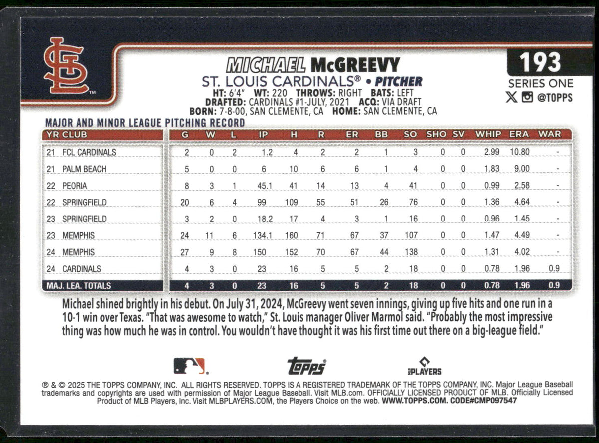 2025 Topps #193 Michael McGreevy