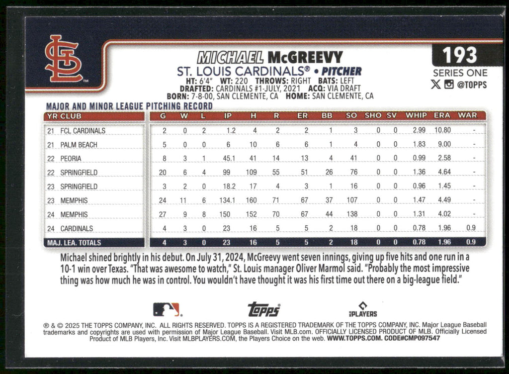2025 Topps #193 Michael McGreevy