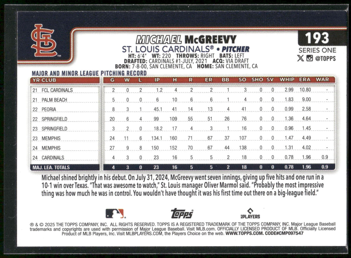 2025 Topps #193 Michael McGreevy