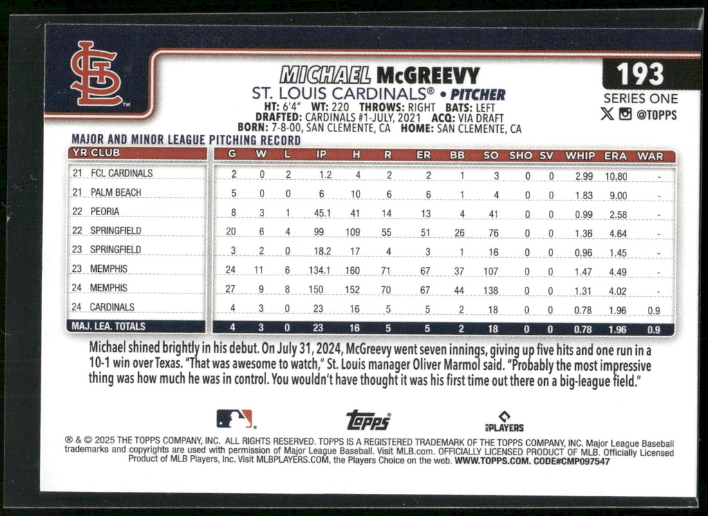 2025 Topps #193 Michael McGreevy