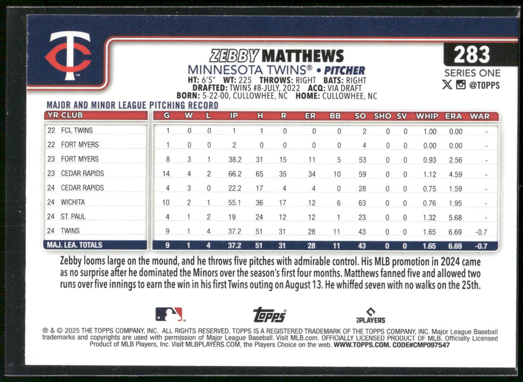 2025 Topps #283 Zebby Matthews