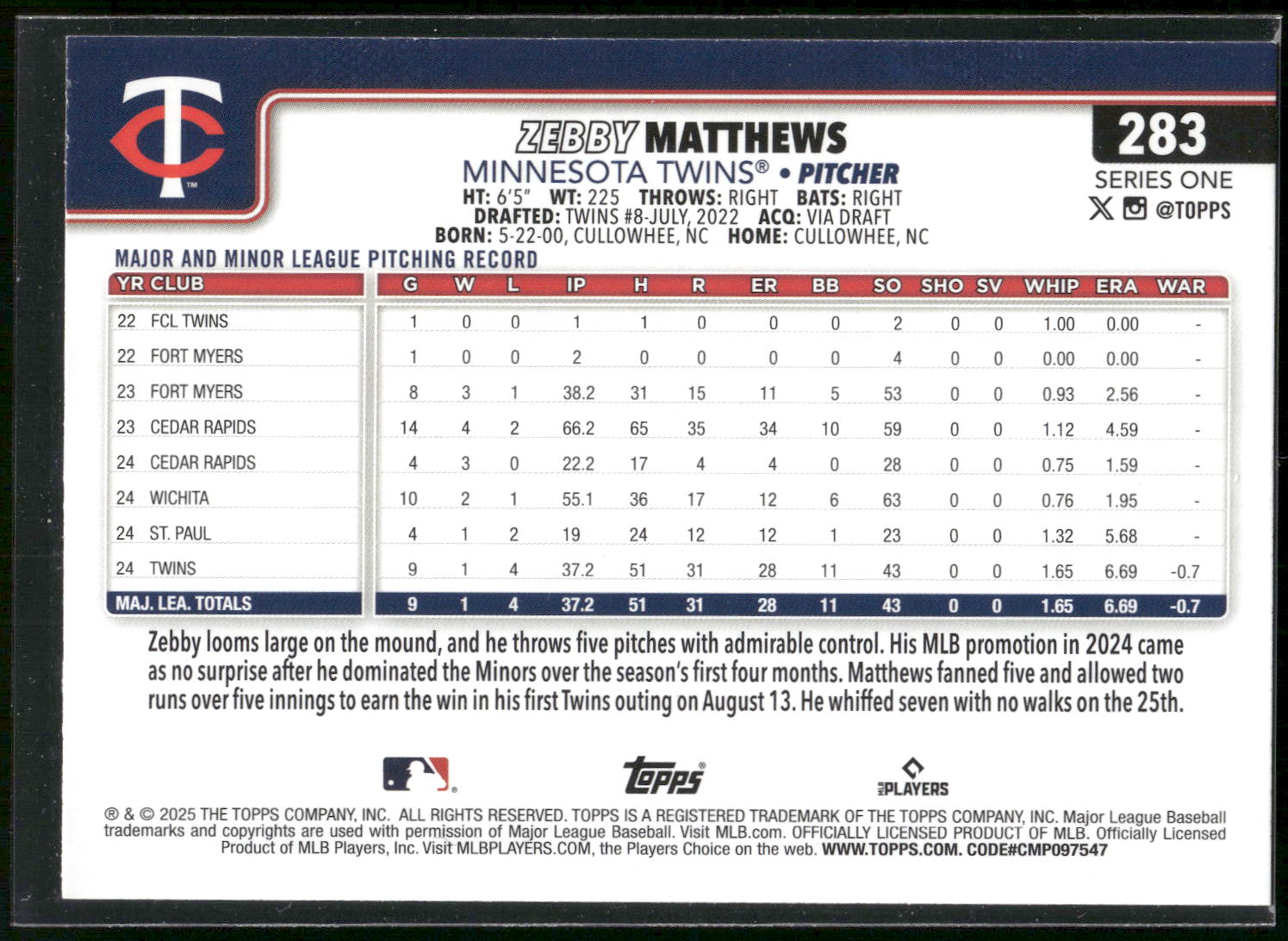 2025 Topps #283 Zebby Matthews