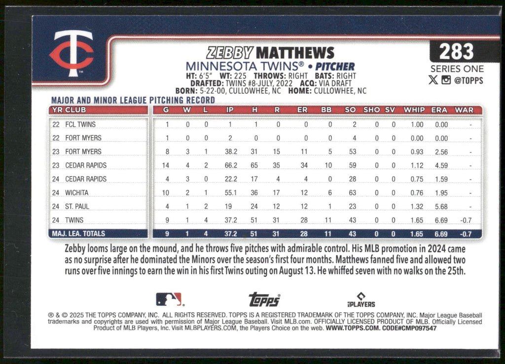2025 Topps #283 Zebby Matthews