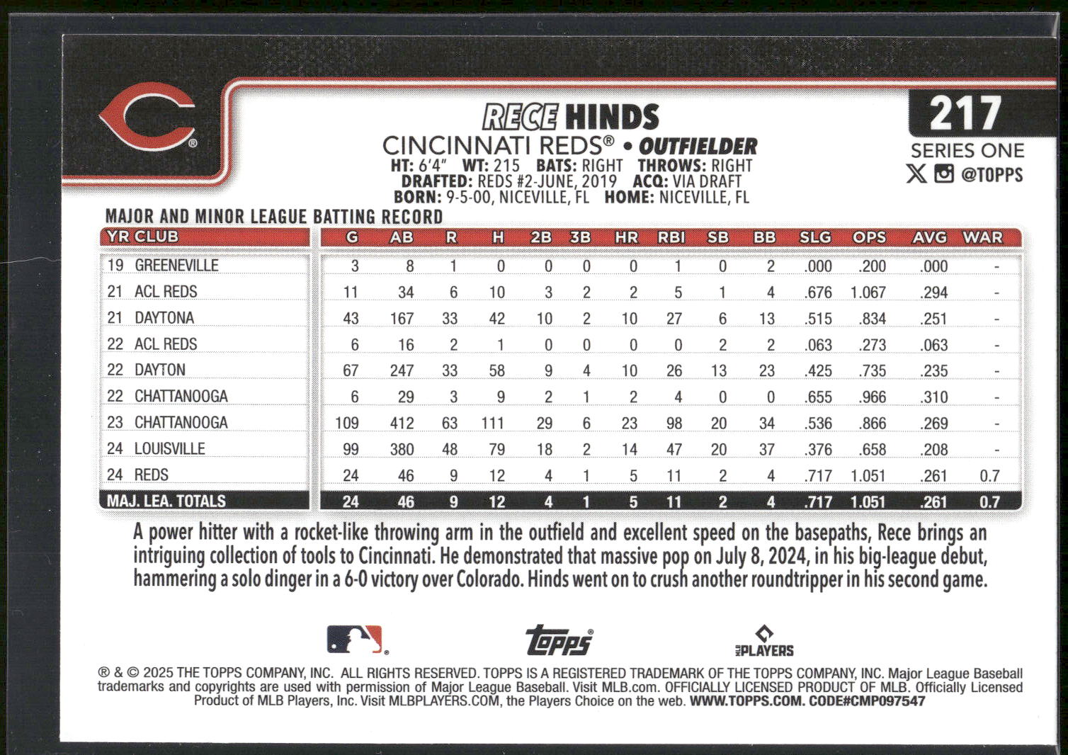 2025 Topps #217 Rece Hinds