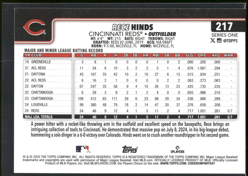 2025 Topps #217 Rece Hinds