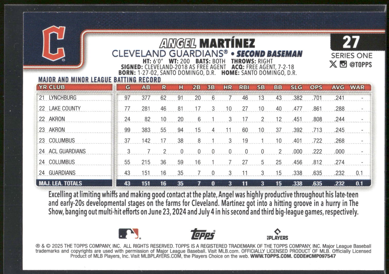 2025 Topps #27 Angel Martinez
