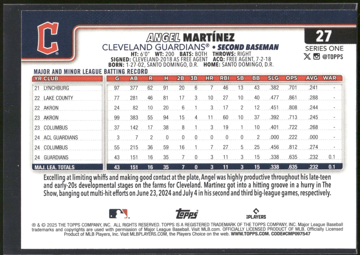 2025 Topps #27 Angel Martinez