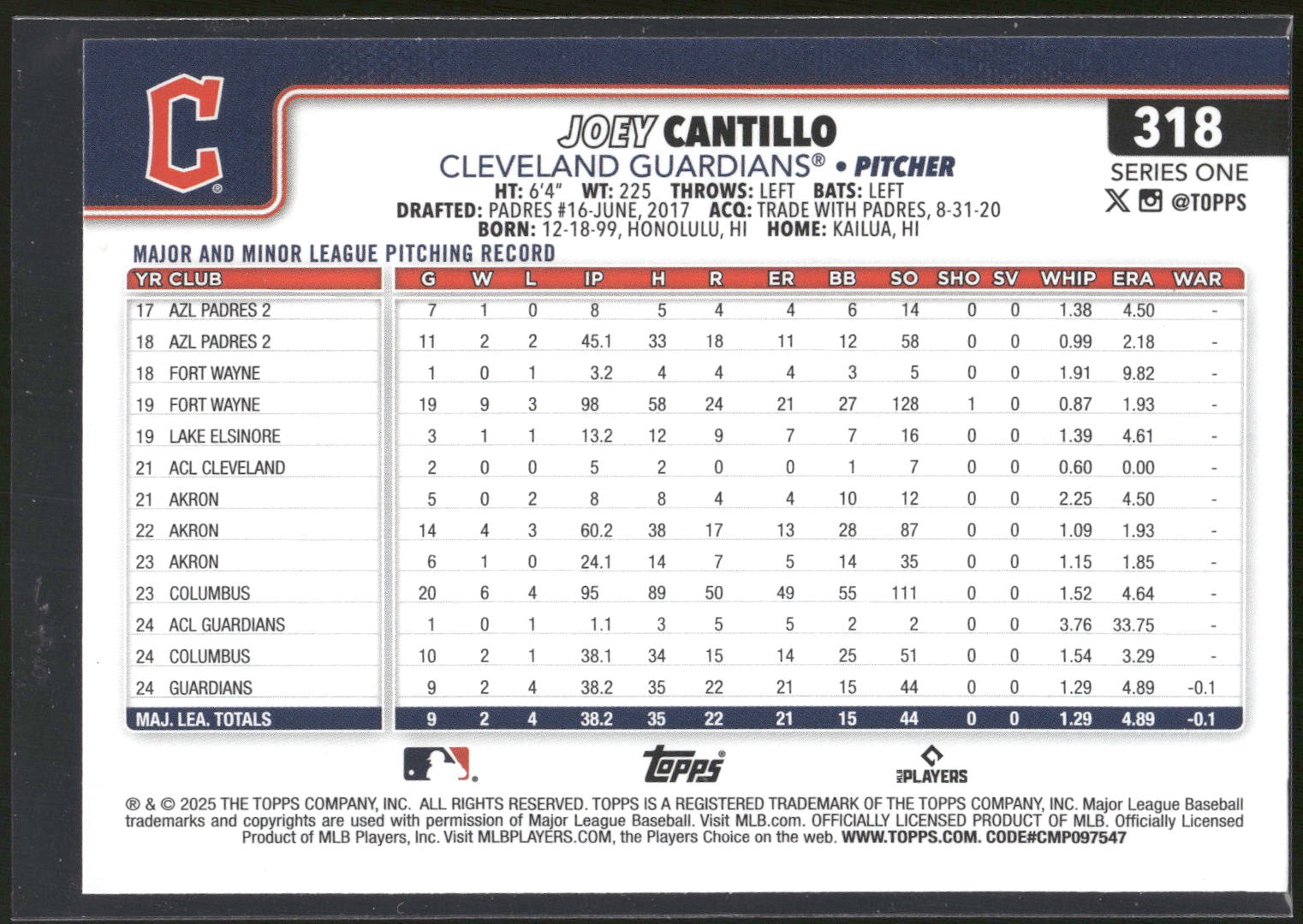 2025 Topps #318 Joey Cantillo