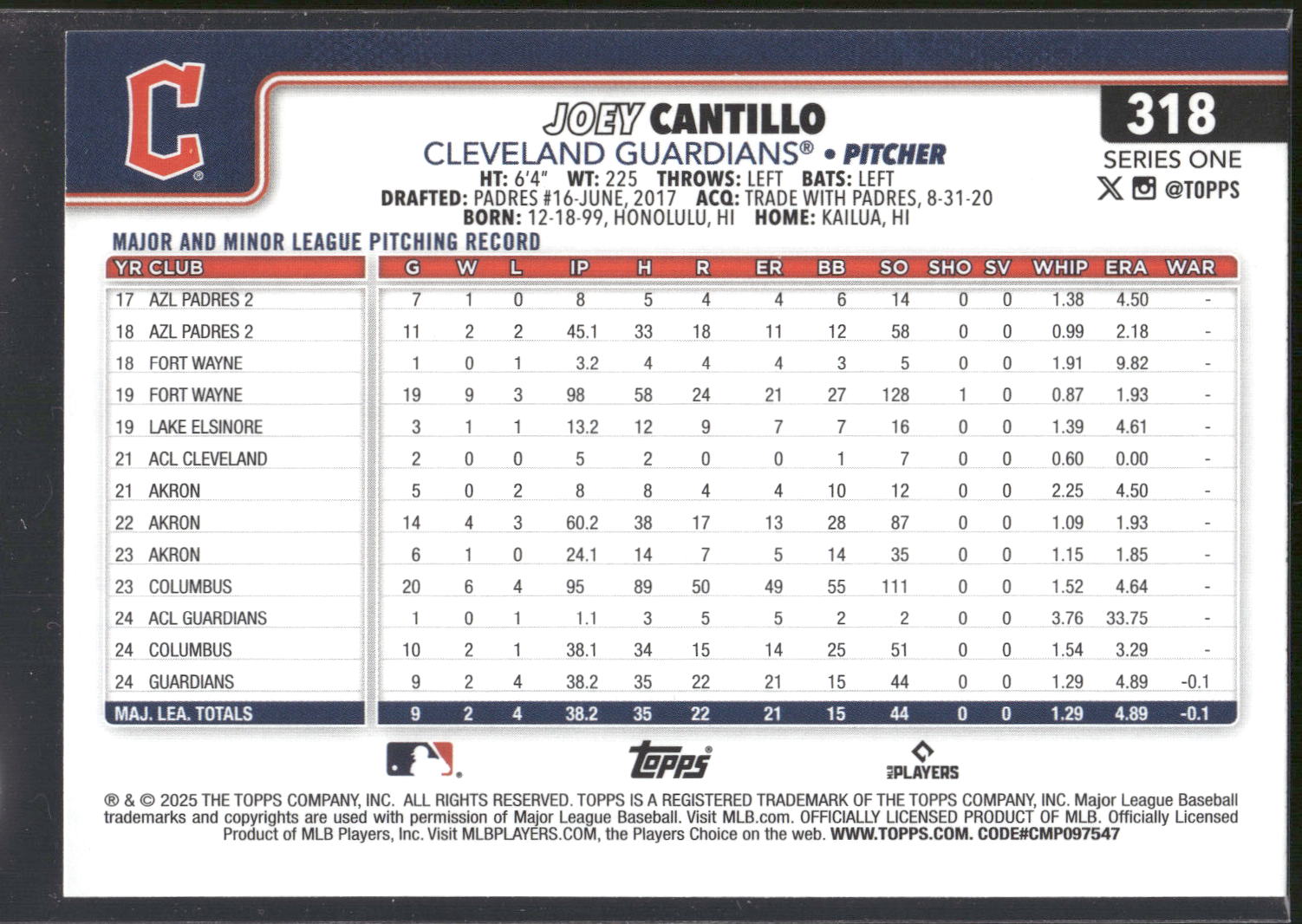 2025 Topps #318 Joey Cantillo