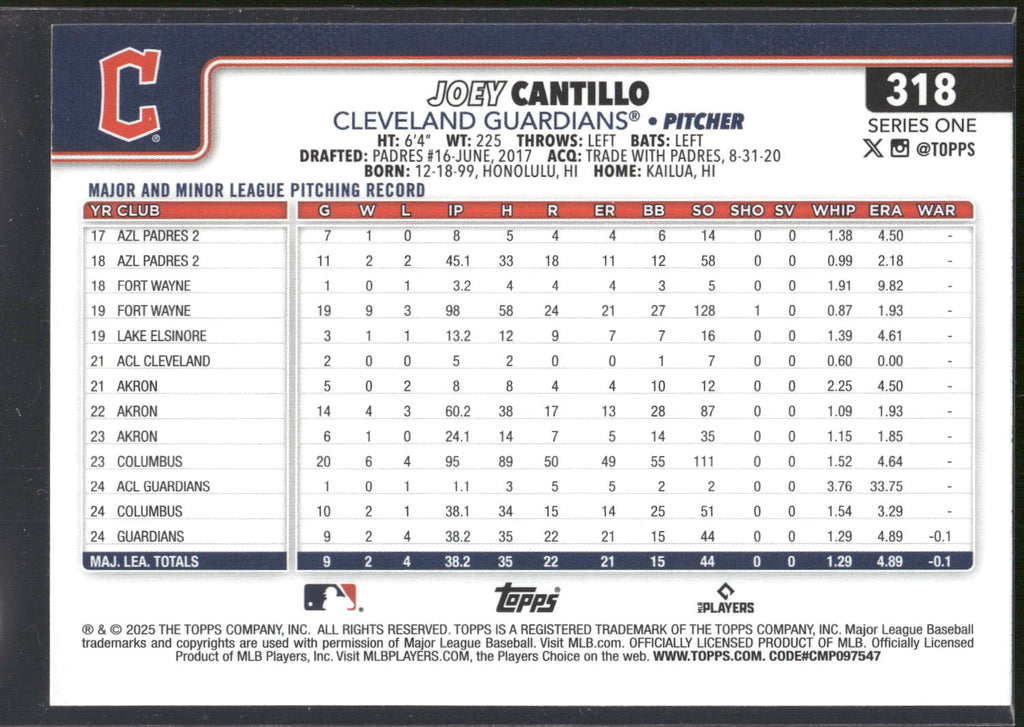 2025 Topps #318 Joey Cantillo