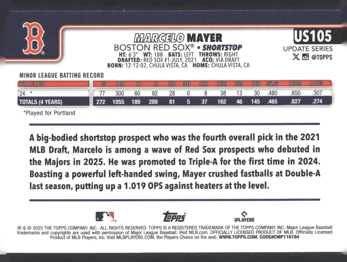 2025 Topps Update #US105 Marcelo Mayer