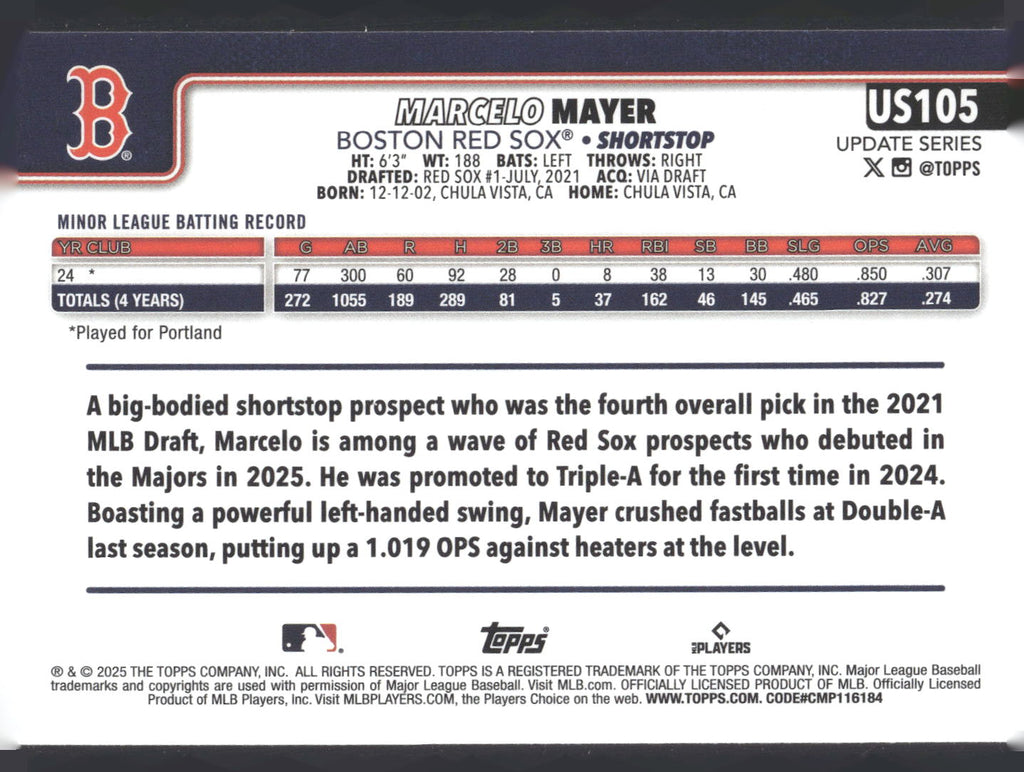 2025 Topps Update #US105 Marcelo Mayer
