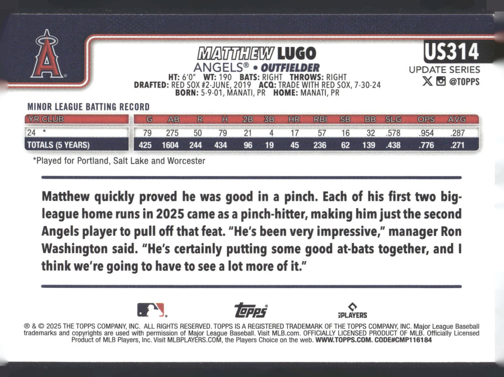 2025 Topps Update #US314 Matthew Lugo