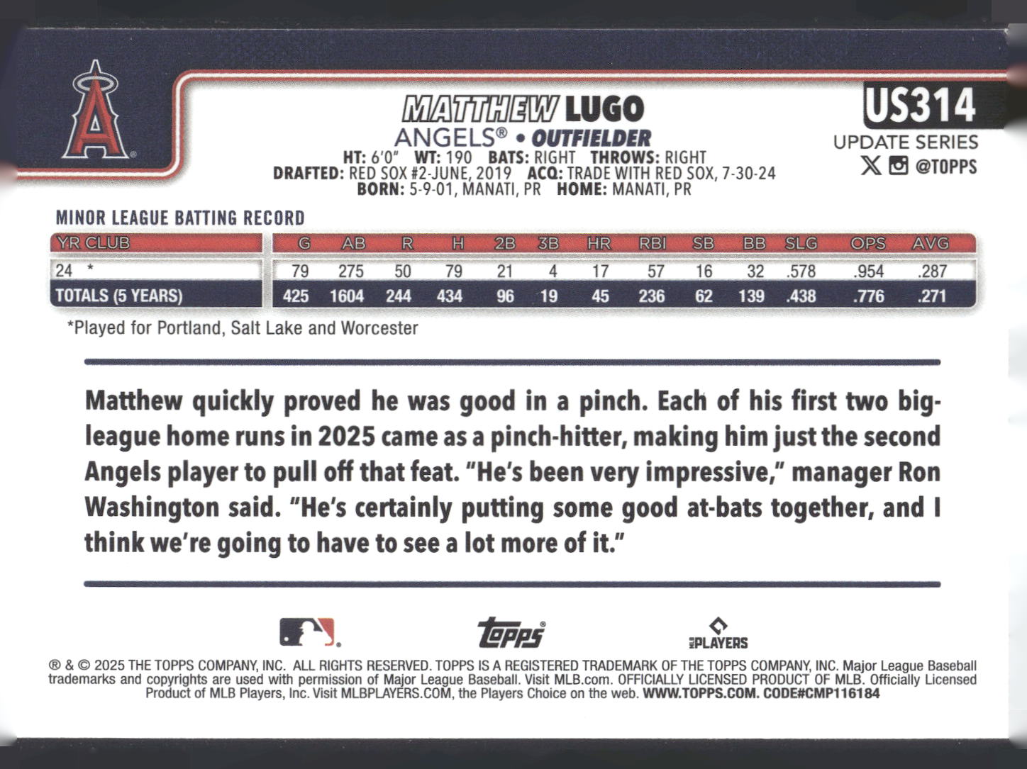 2025 Topps Update #US314 Matthew Lugo
