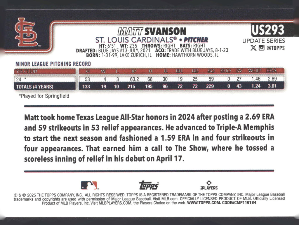 2025 Topps Update #US293 Matt Svanson