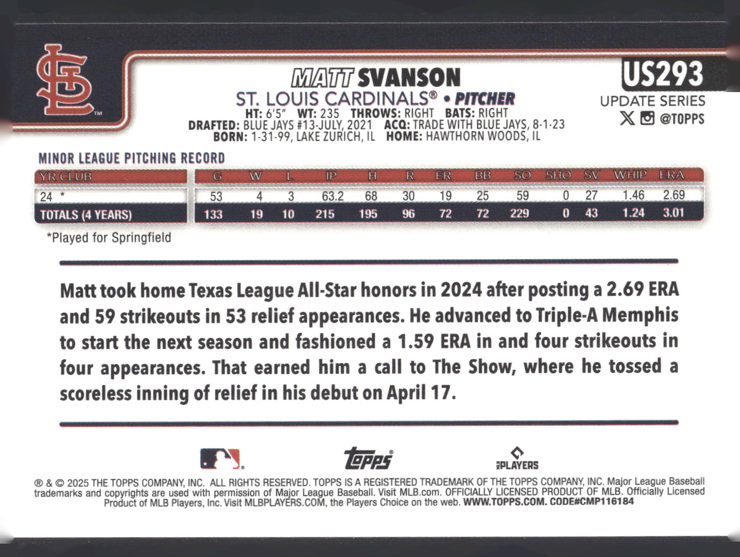 2025 Topps Update #US293 Matt Svanson