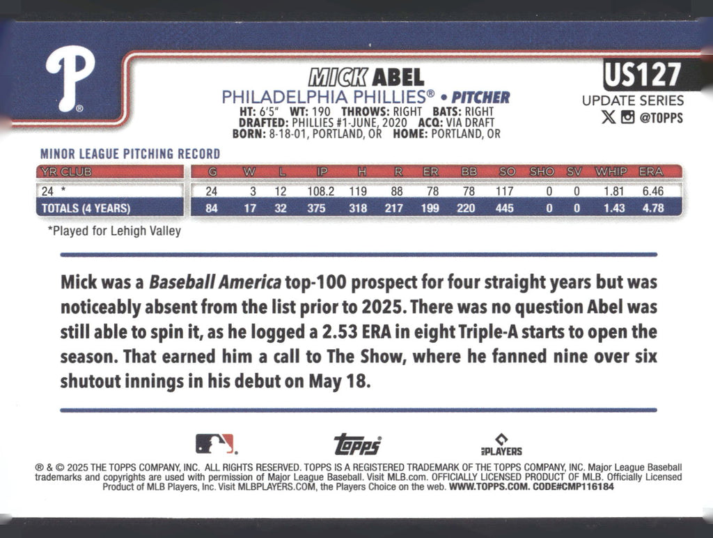 2025 Topps Update #US127 Mick Abel