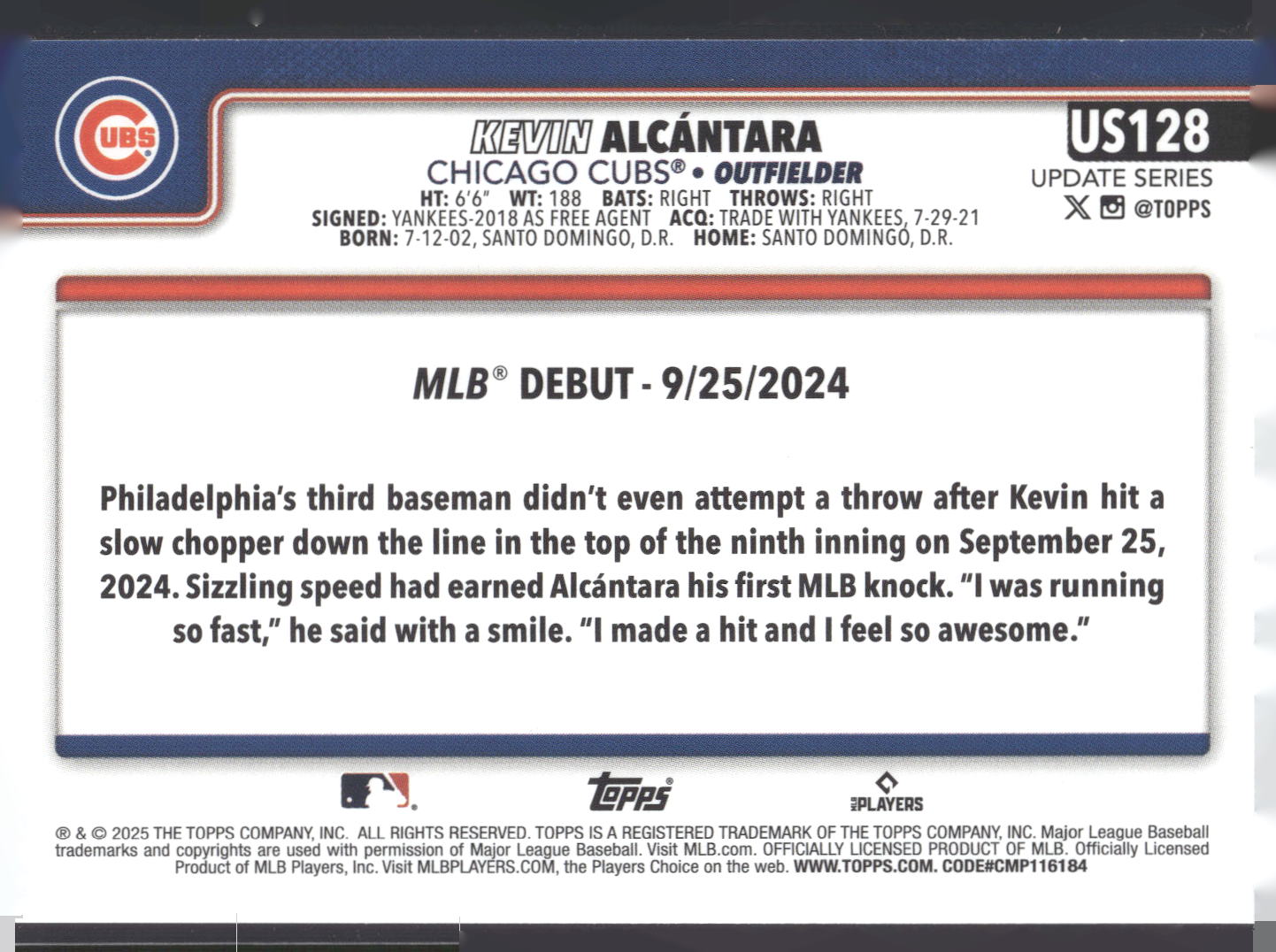 2025 Topps Update #US128 Kevin Alcántara