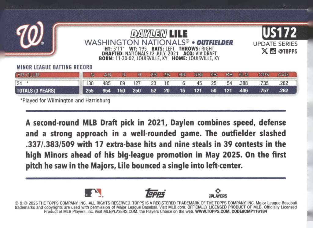 2025 Topps Update #US172 Daylen Lile