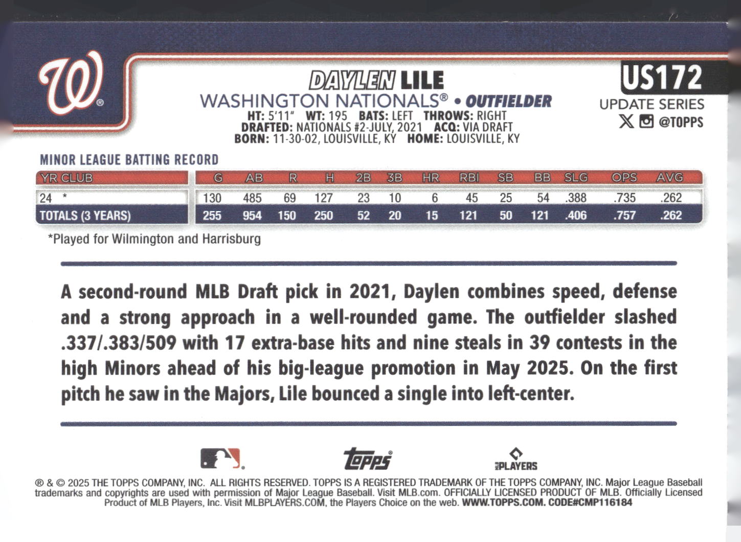 2025 Topps Update #US172 Daylen Lile
