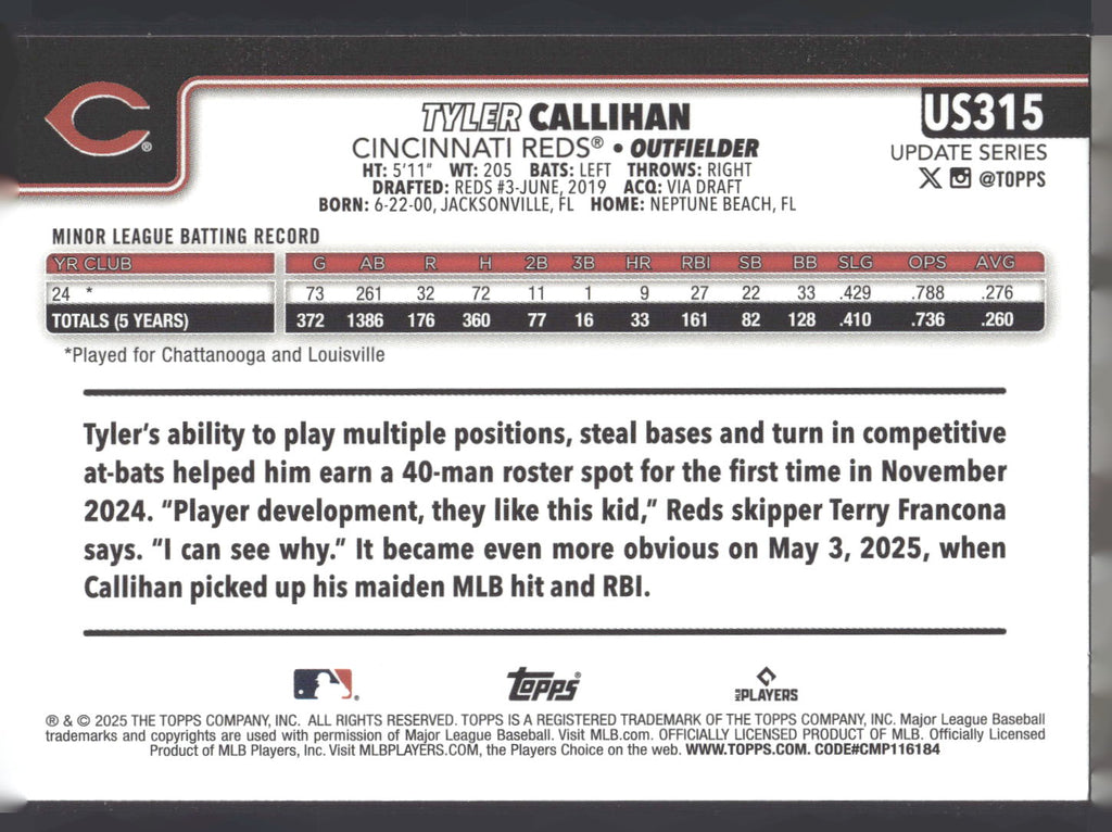 2025 Topps Update #US315 Tyler Callihan