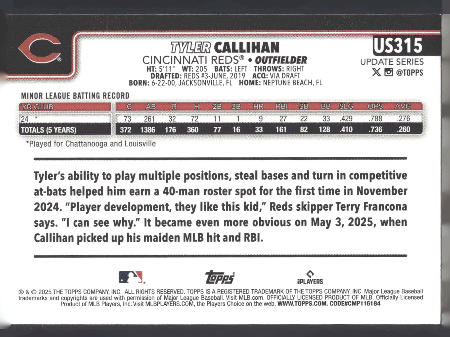 2025 Topps Update #US315 Tyler Callihan