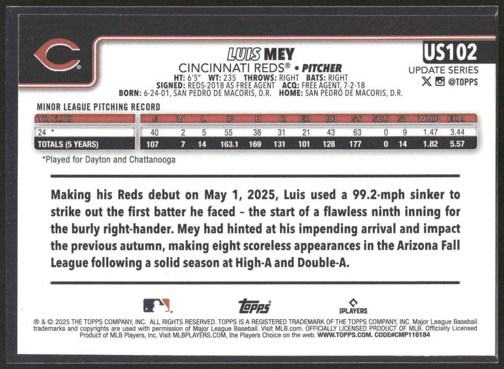 2025 Topps Update #US102 Luis Mey