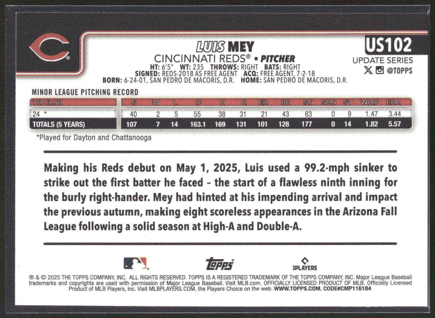 2025 Topps Update #US102 Luis Mey