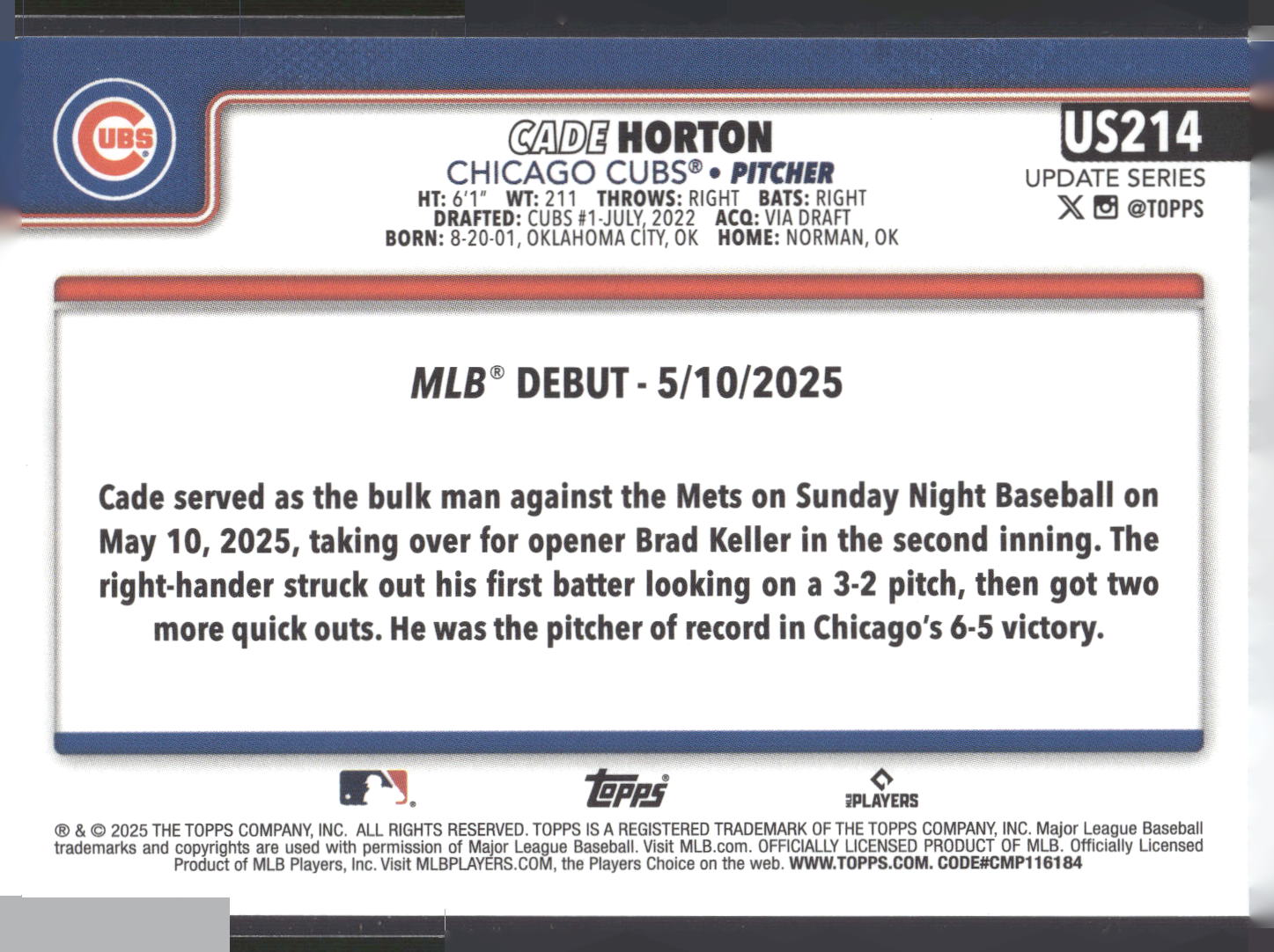 2025 Topps Update #US214 Cade Horton