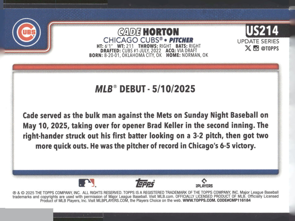 2025 Topps Update #US214 Cade Horton
