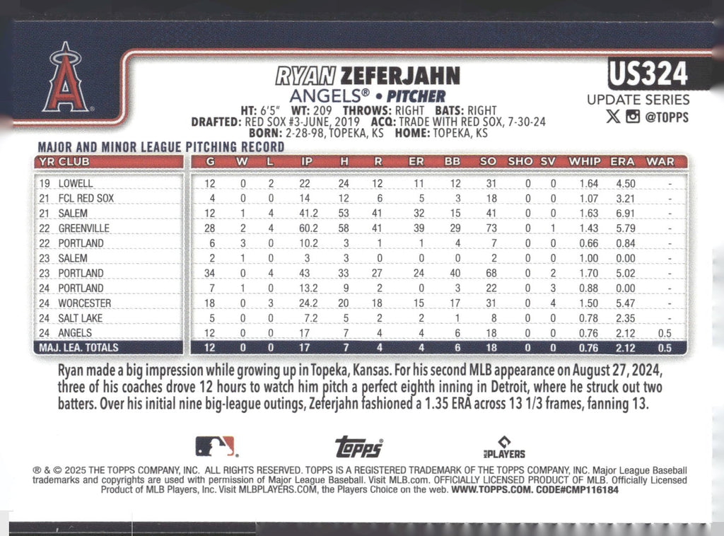 2025 Topps Update #US324 Ryan Zeferjahn
