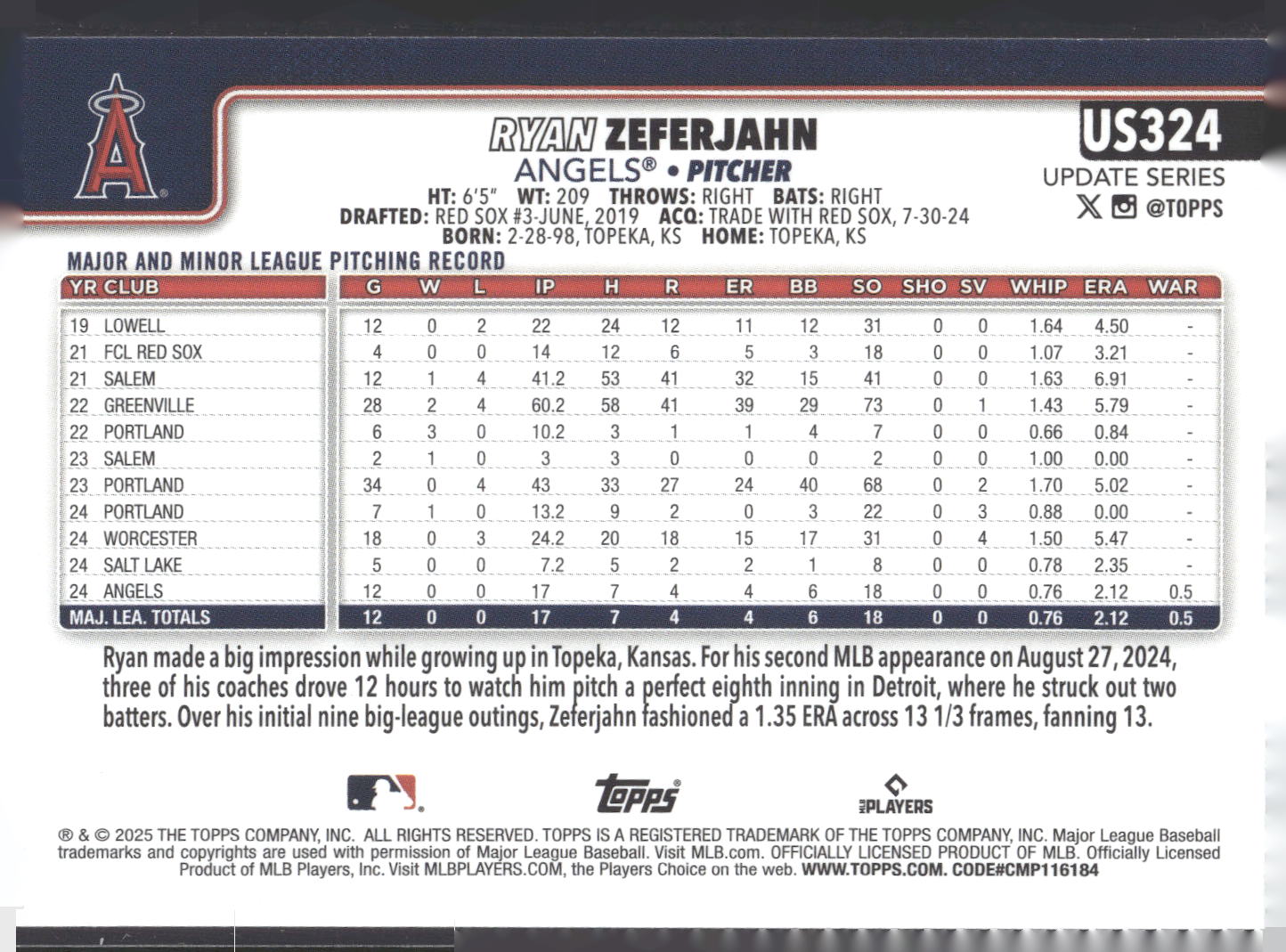 2025 Topps Update #US324 Ryan Zeferjahn