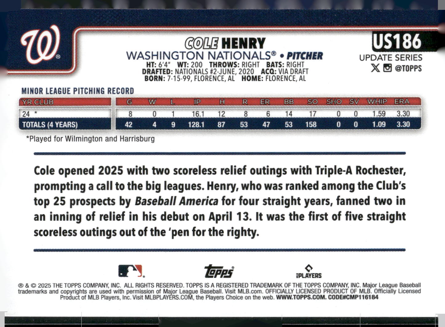 2025 Topps Update #US186 Cole Henry