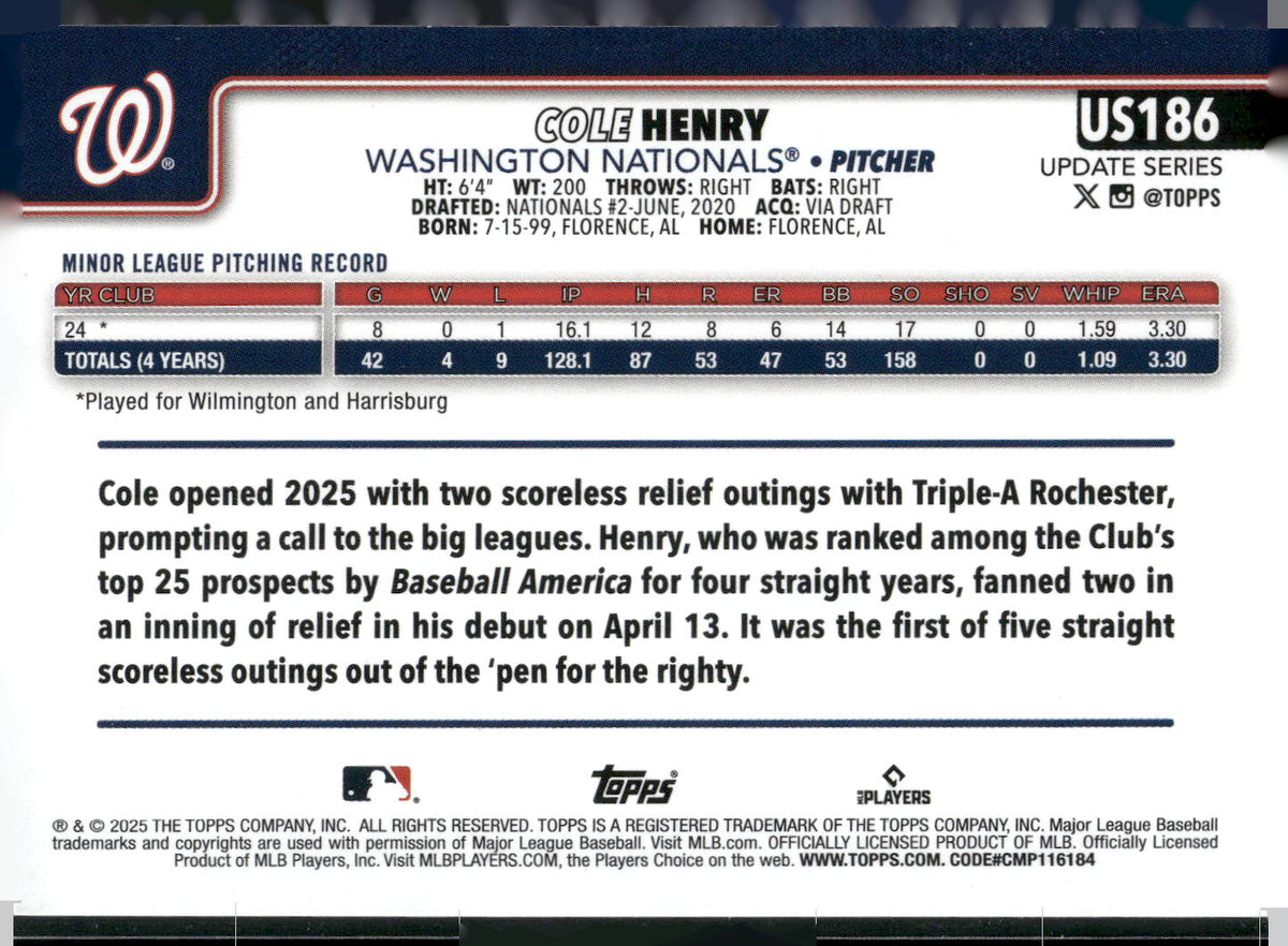 2025 Topps Update #US186 Cole Henry