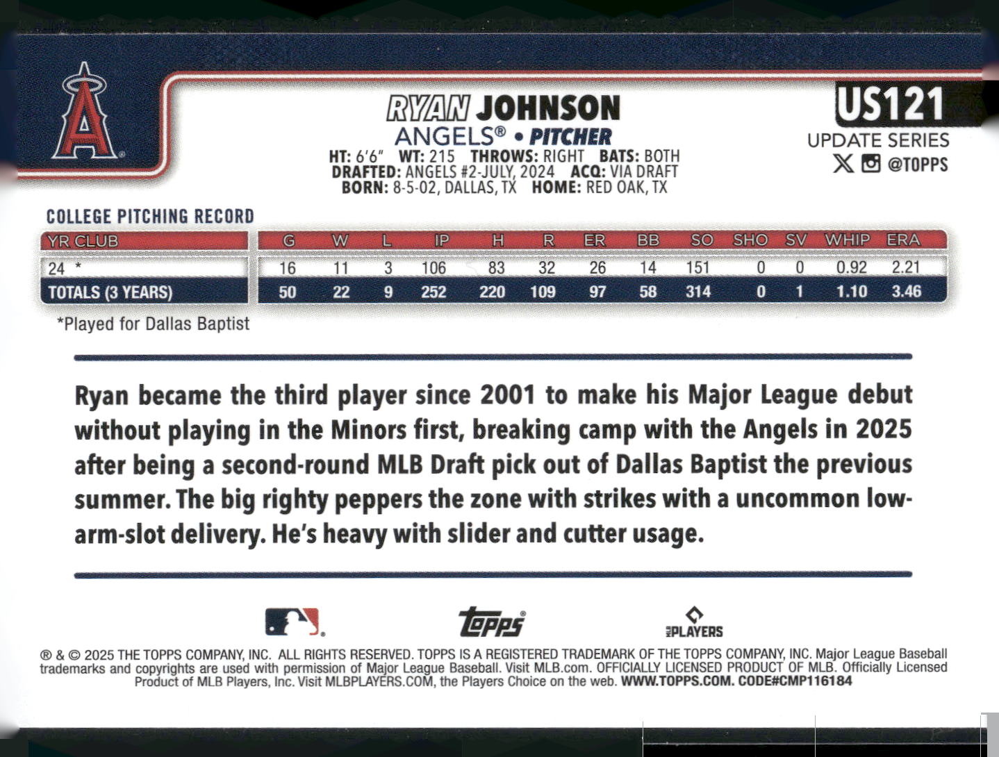 2025 Topps Update #US121 Ryan Johnson