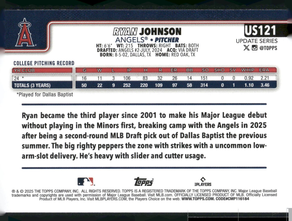 2025 Topps Update #US121 Ryan Johnson