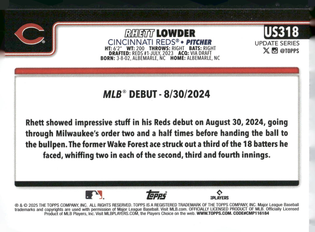 2025 Topps Update #US318 Rhett Lowder