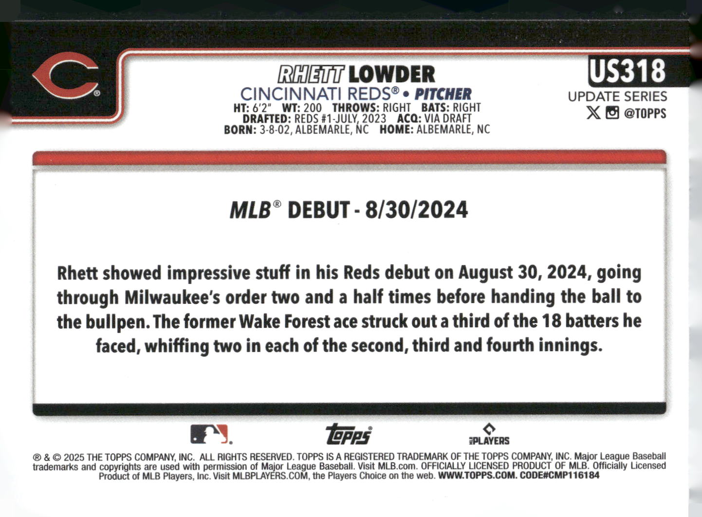 2025 Topps Update #US318 Rhett Lowder