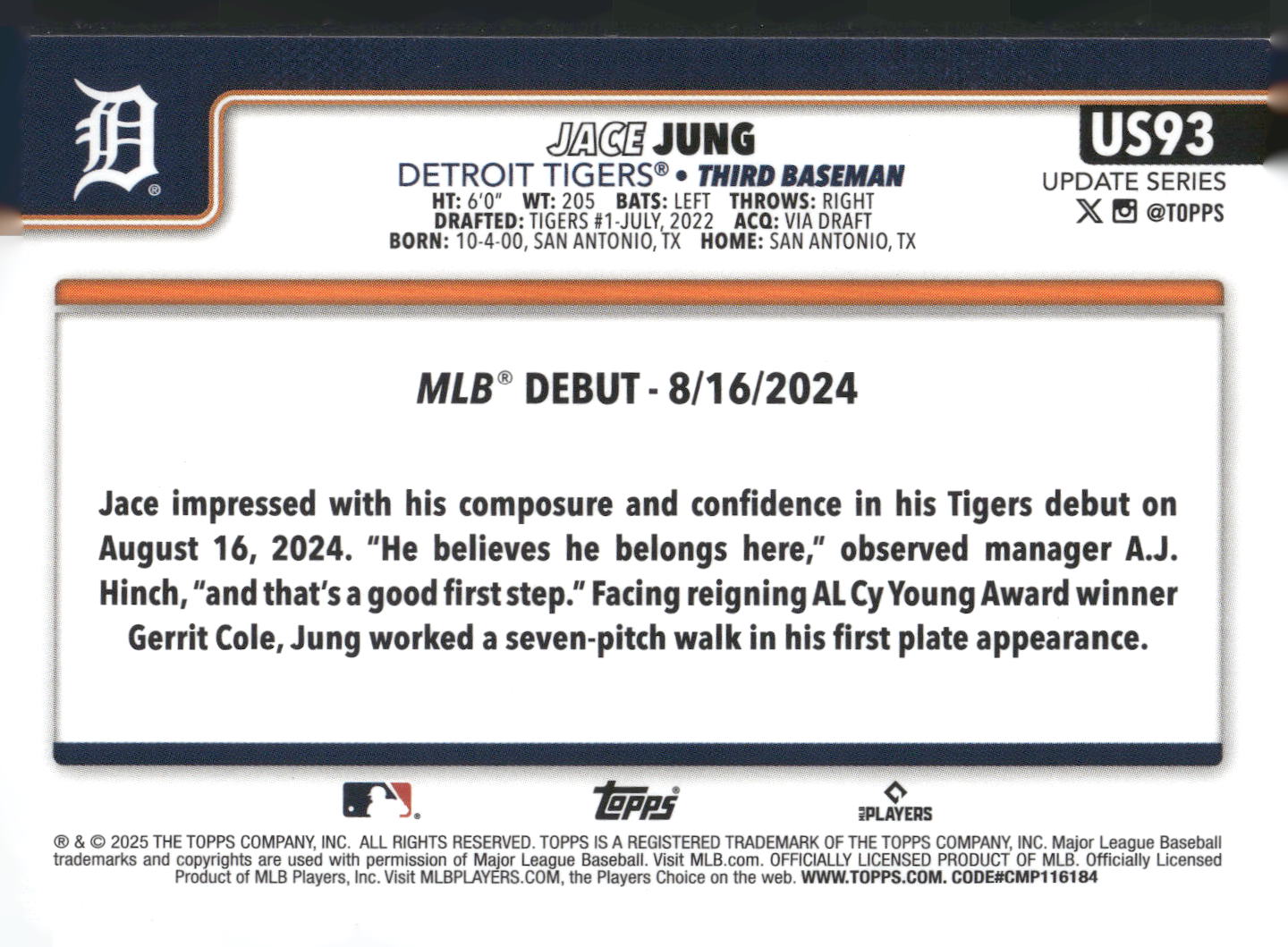 2025 Topps Update #US93 Jace Jung