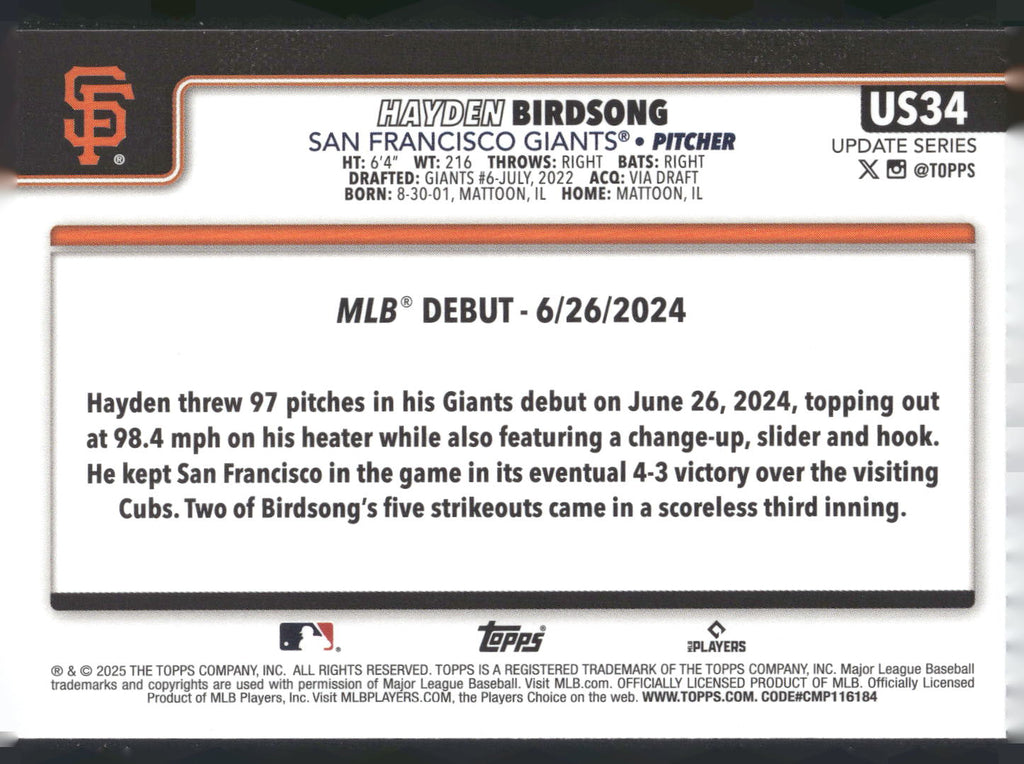 2025 Topps Update #US34 Hayden Birdsong