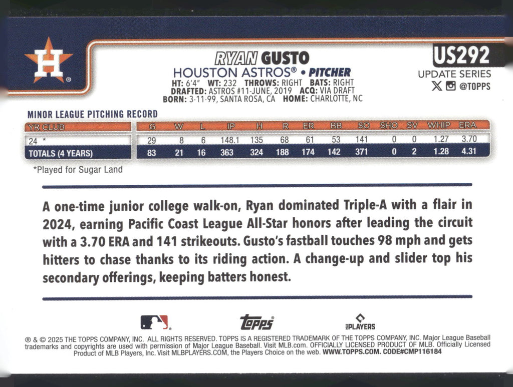 2025 Topps Update #US292 Ryan Gusto