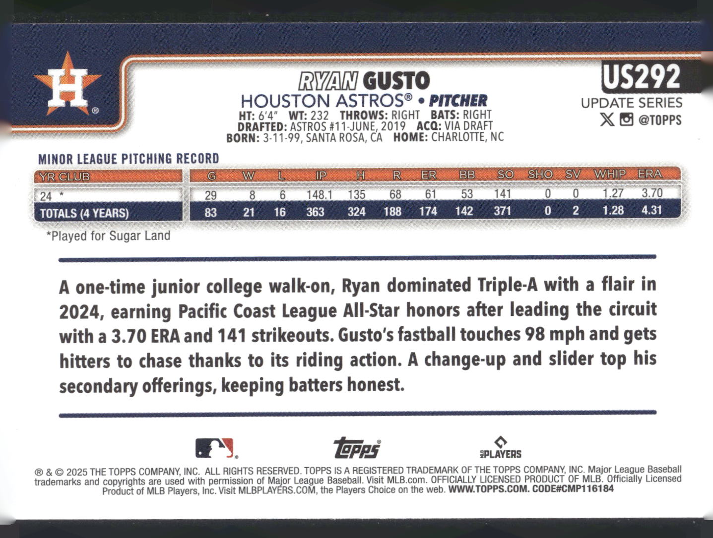 2025 Topps Update #US292 Ryan Gusto