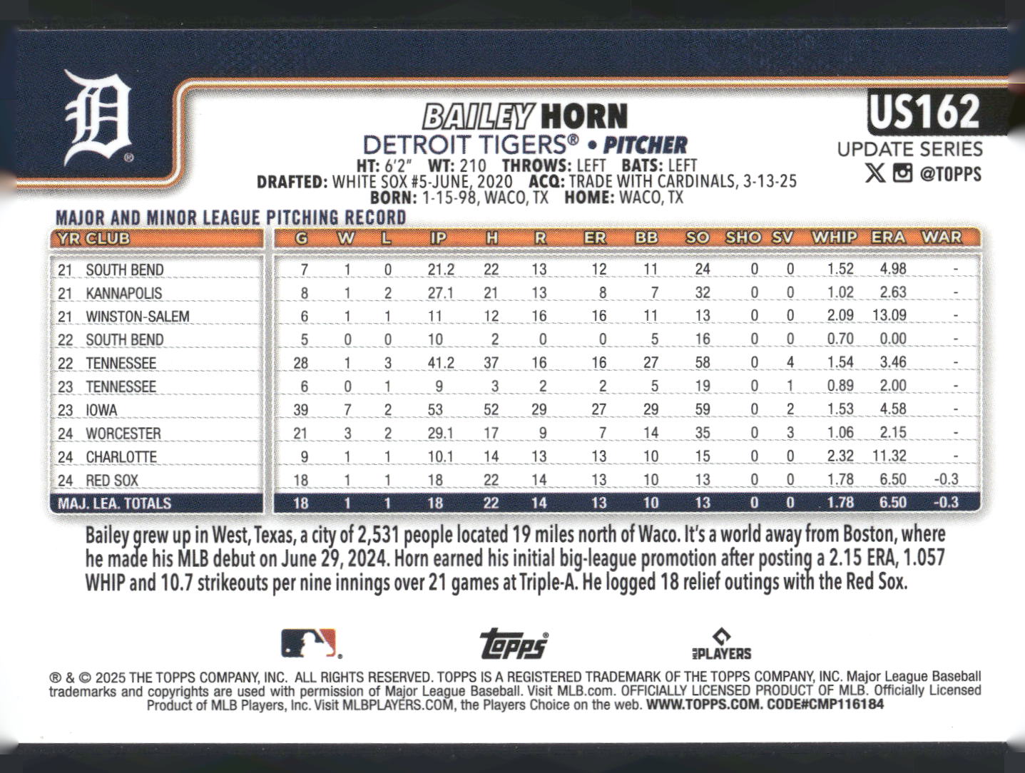 2025 Topps Update #US162 Bailey Horn